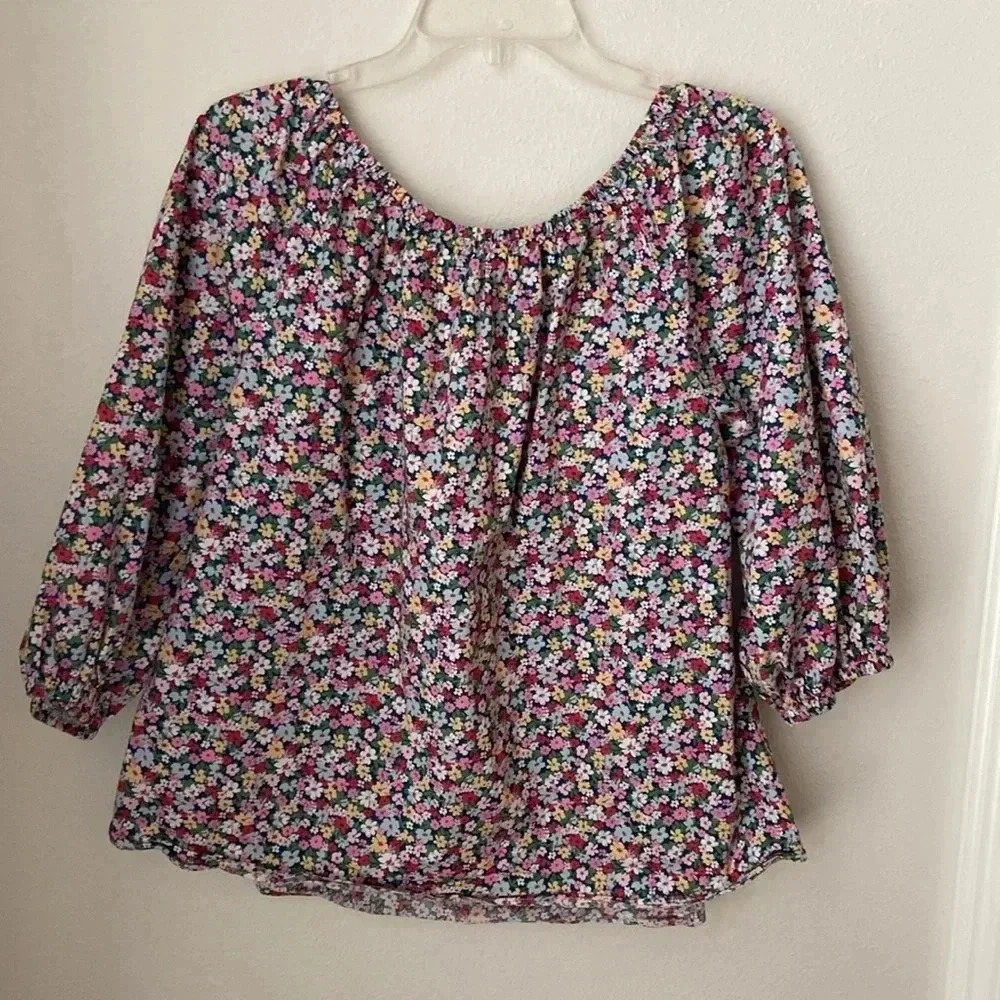 Pomander Place Floral Square Neck Blouse Pink Green Puff Sleeve Top Small - Picture 2 of 6
